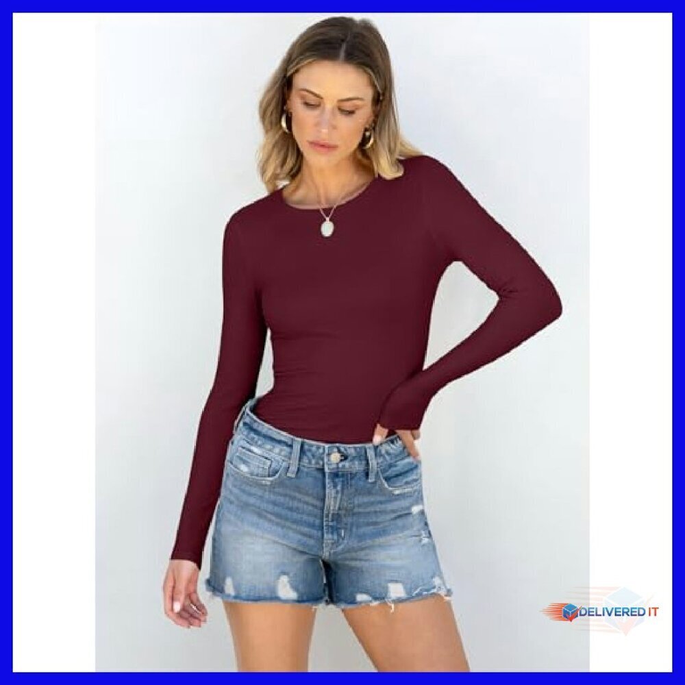 Slim Fit Long Sleeve Rib Knit Tee - Rayon Blend Basic Top - Picture 3 of 8